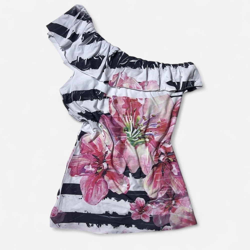 Vintage 579 Off the Shoulder Abstract Floral Watercolor Print Top - Picture 2 of 4